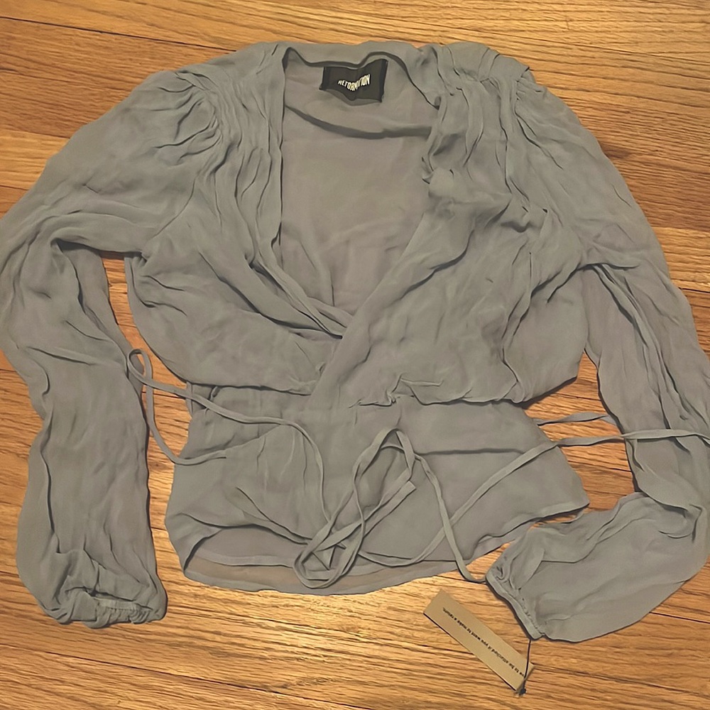 Reformation Blue Sheer Long Sleeve Wrap Blouse